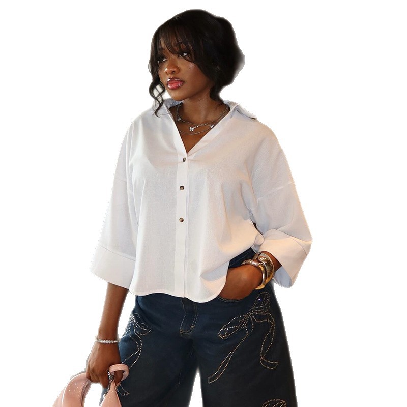 European and American cross-border women's clothing 2026 summer new casual collar loose and versatile design striped shirt top European and American cross-border women's clothing 2026 summer new casual collar loose and versatile design striped shirt top