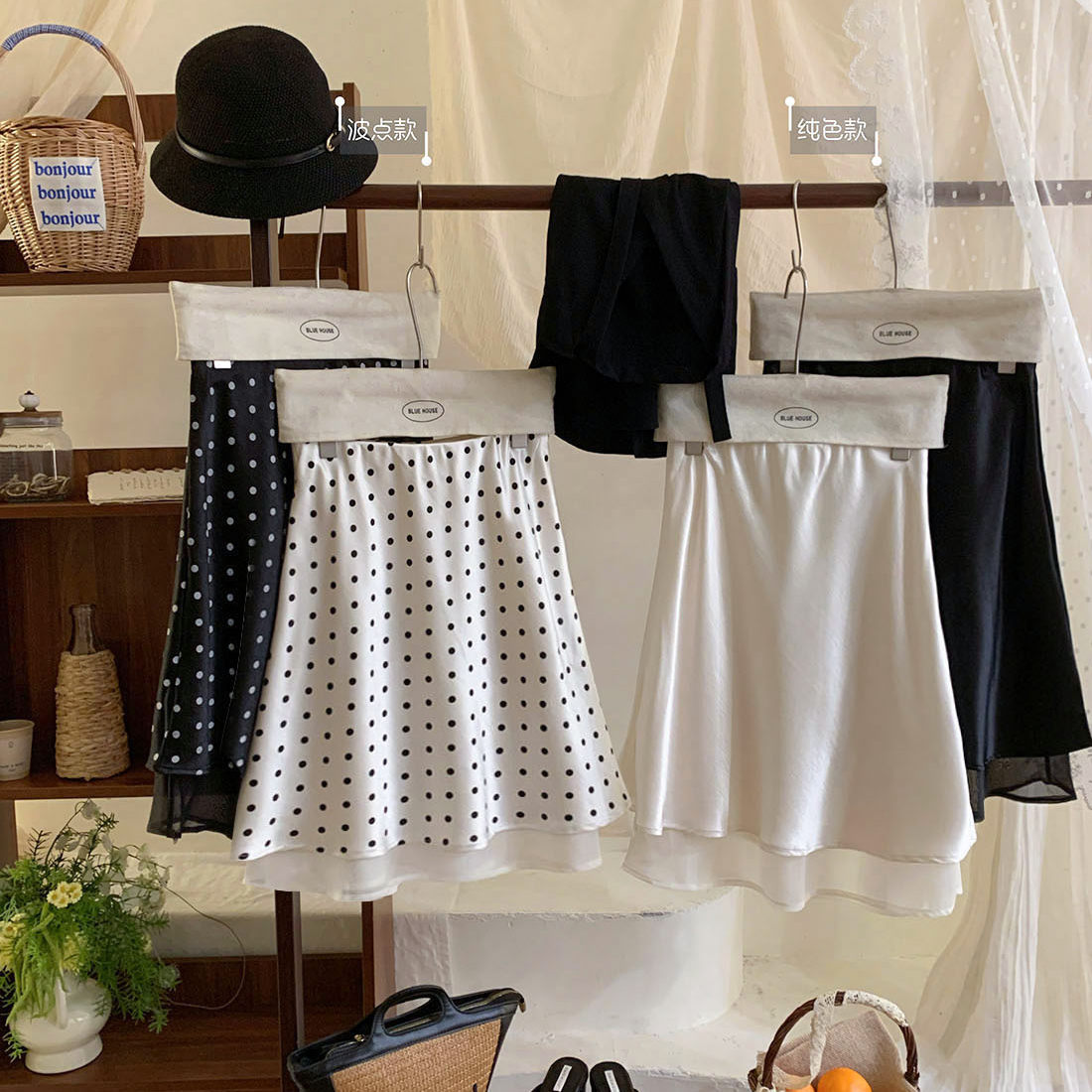 Retro polka dot solid color patchwork acetate satin A-line skirt for women in summer French elegant slimming fish tail mid skirt Retro polka dot solid color patchwork acetate satin A-line skirt for women in summer French elegant slimming fish tail mid skirt