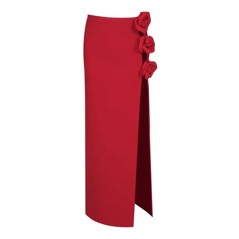 2024 new red three-dimensional flower high slit long skirt, half body skirt, European and American foreign trade bandage skirt, sexy women's clothing 2024 new red three-dimensional flower high slit long skirt, half body skirt, European and American foreign trade bandage skirt, sexy women's clothing
