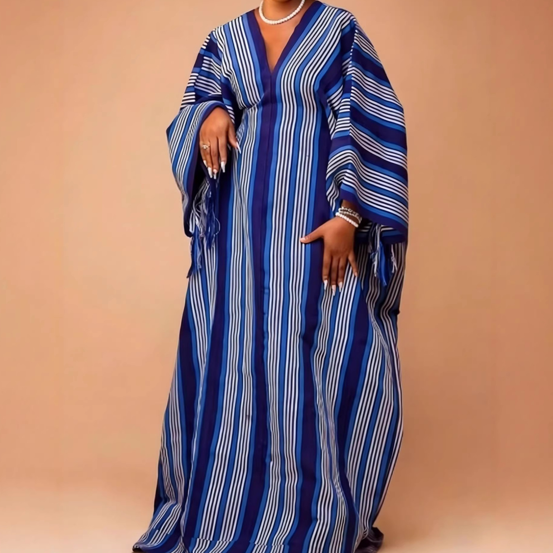 African ethnic striped dress with loose sleeves, V-neck drawstring, contrasting satin, BUBU robe, dress