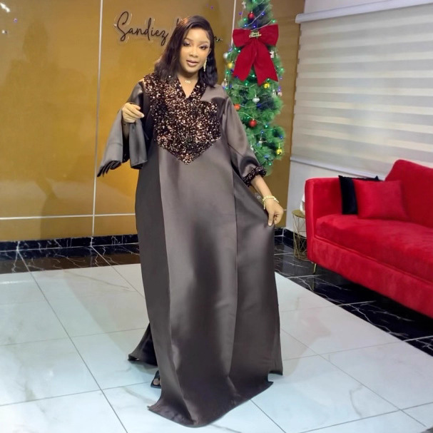 Cross border African women's V-neck loose fit plus size dress, AliExpress sequin fashion robe, Dress