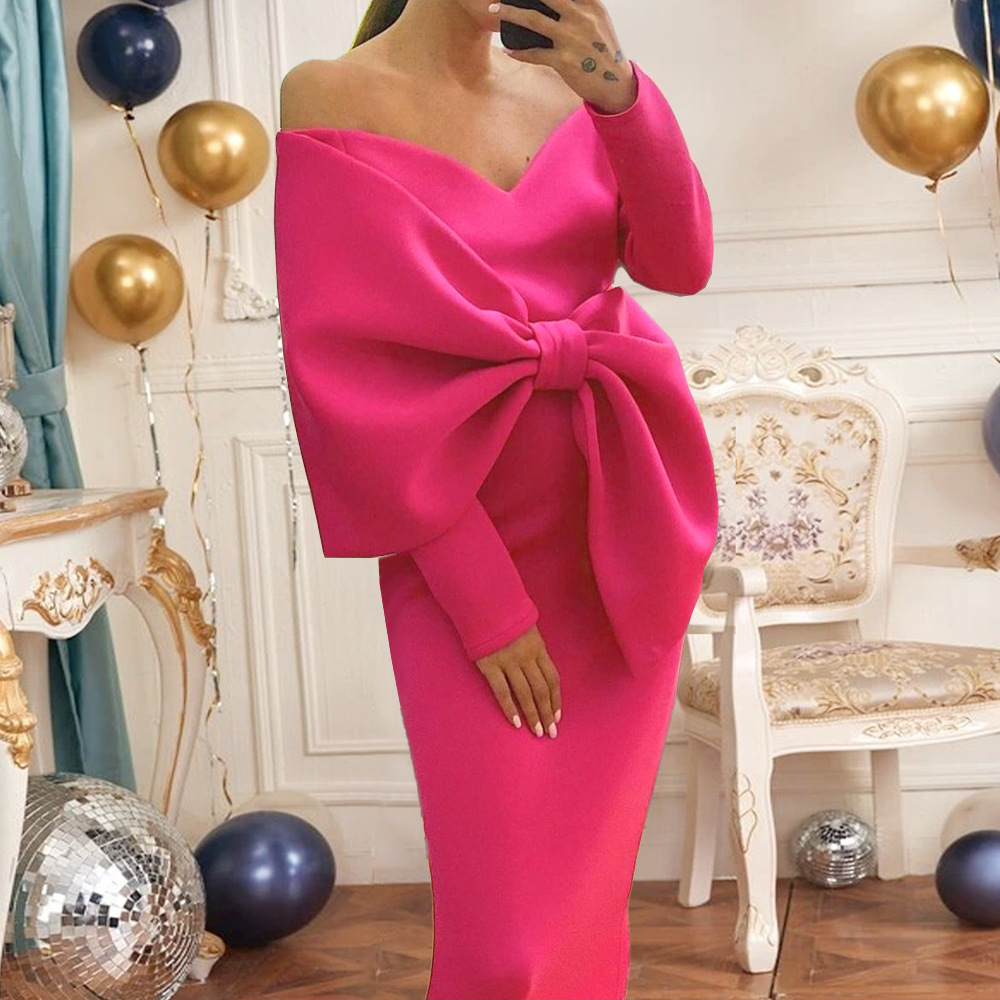 AM210730 Deep V Bow High Waist Butt Bag Party Large Women's Dress Party Dress