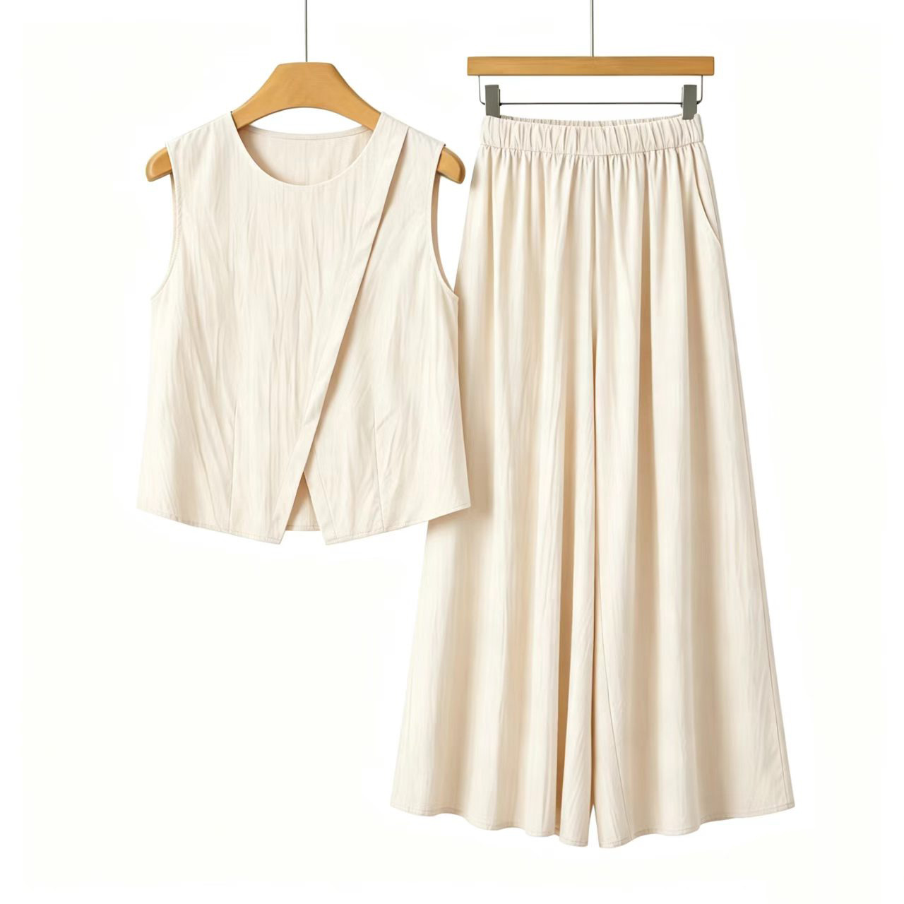 2026 Korean version summer new item, apricot sleeveless irregular top, wide leg pants set, temperament, same period vest women's clothing