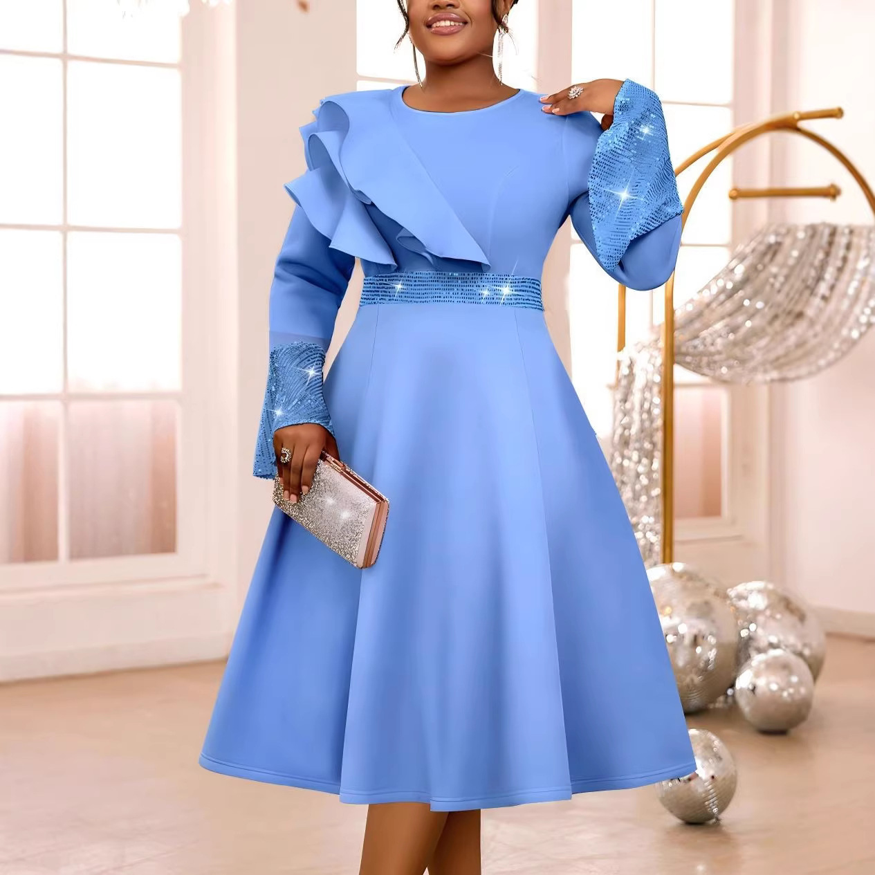 Cross border ruffle collar solid color simple casual dress lantern sleeves sequined large skirt A-line skirt dresses