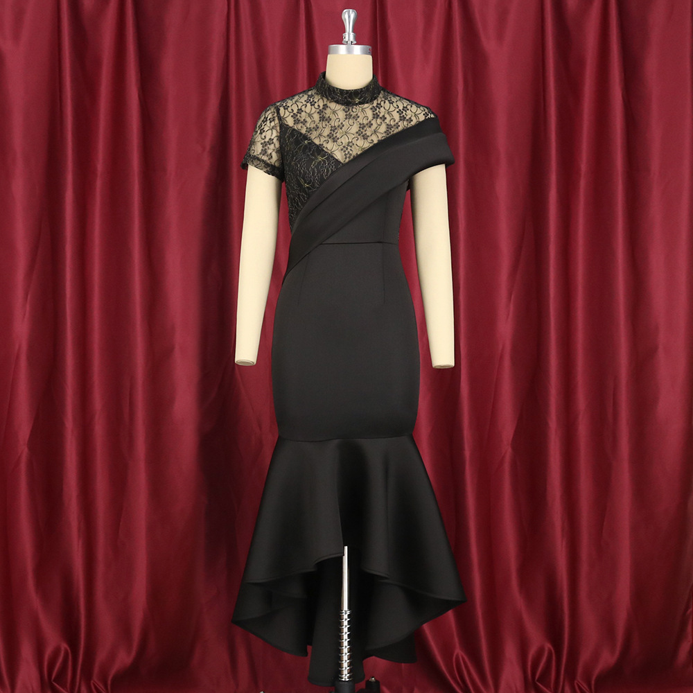 Round neck sexy see through lace short sleeved high waisted ruffled hem party dress for women's wear party dress Round neck sexy see through lace short sleeved high waisted ruffled hem party dress for women's wear party dress
