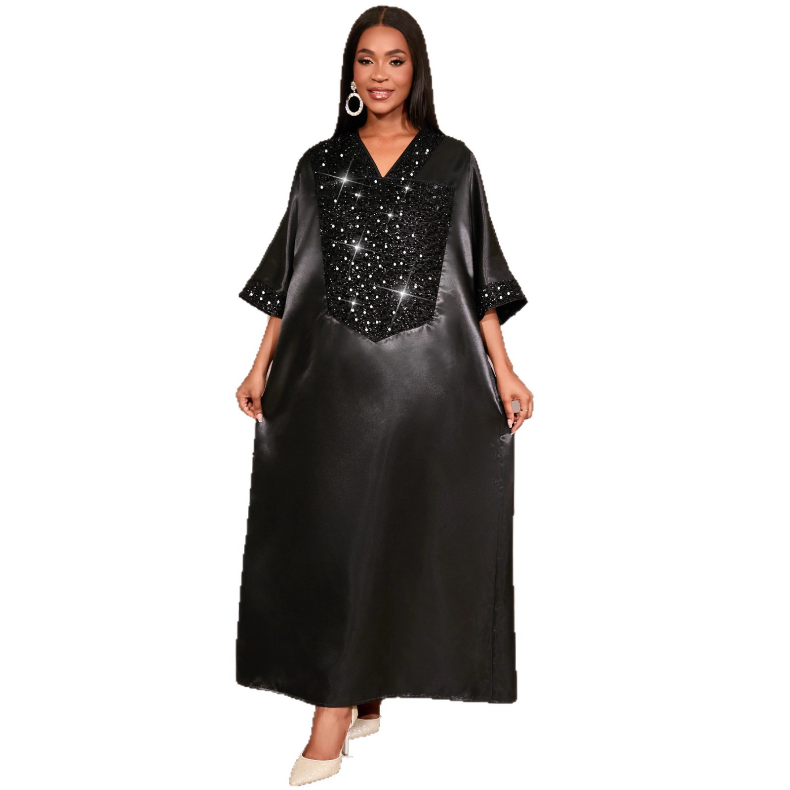 Cross border African women's V-neck loose fit plus size dress, AliExpress sequin fashion robe, Dress Cross border African women's V-neck loose fit plus size dress, AliExpress sequin fashion robe, Dress