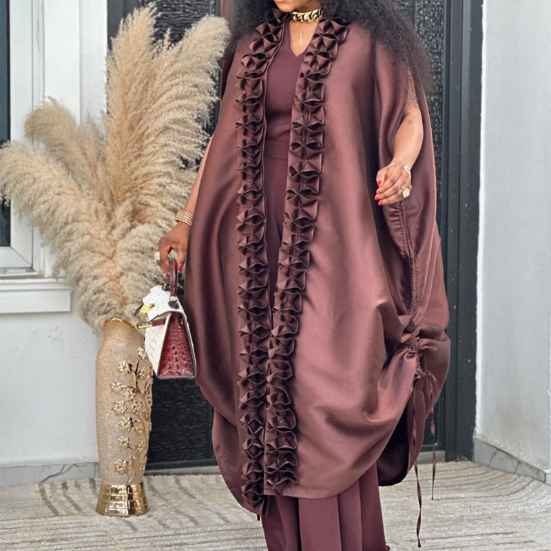 Wine red satin pleated lace shawl jumpsuit African loose V-neck robe elegant dinner two-piece set