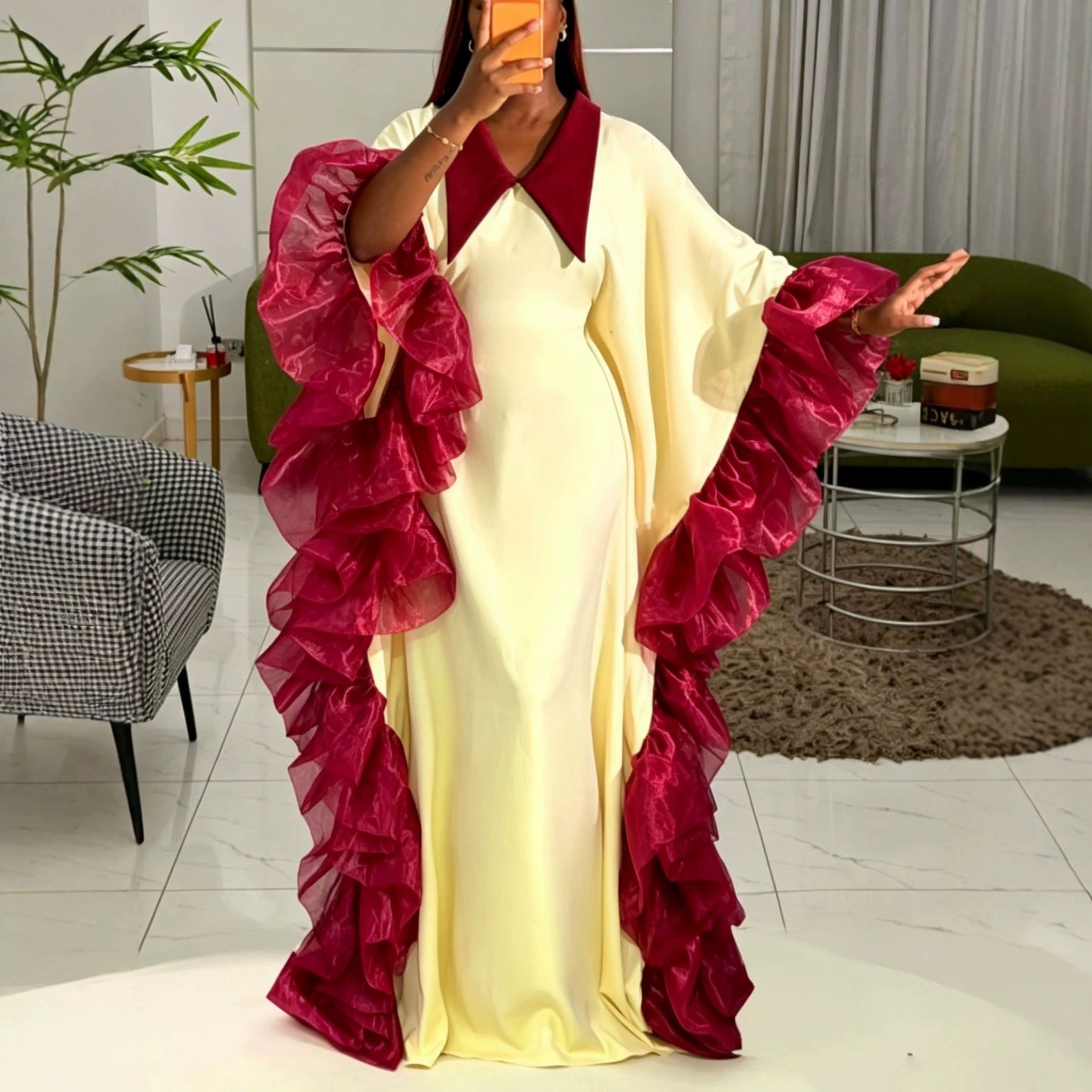 African plus loose collared batball sleeve dress with multiple layers of patchwork ruffled edges for grand party parties, long robe