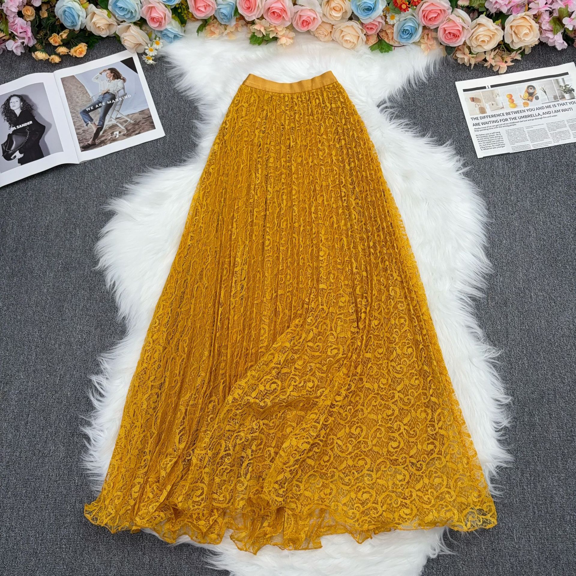 Foreign trade lace A-line midi skirt, women's long style, high waist, slimming, versatile, elegant, socialite style, mid length skirt in multiple colors, in stock