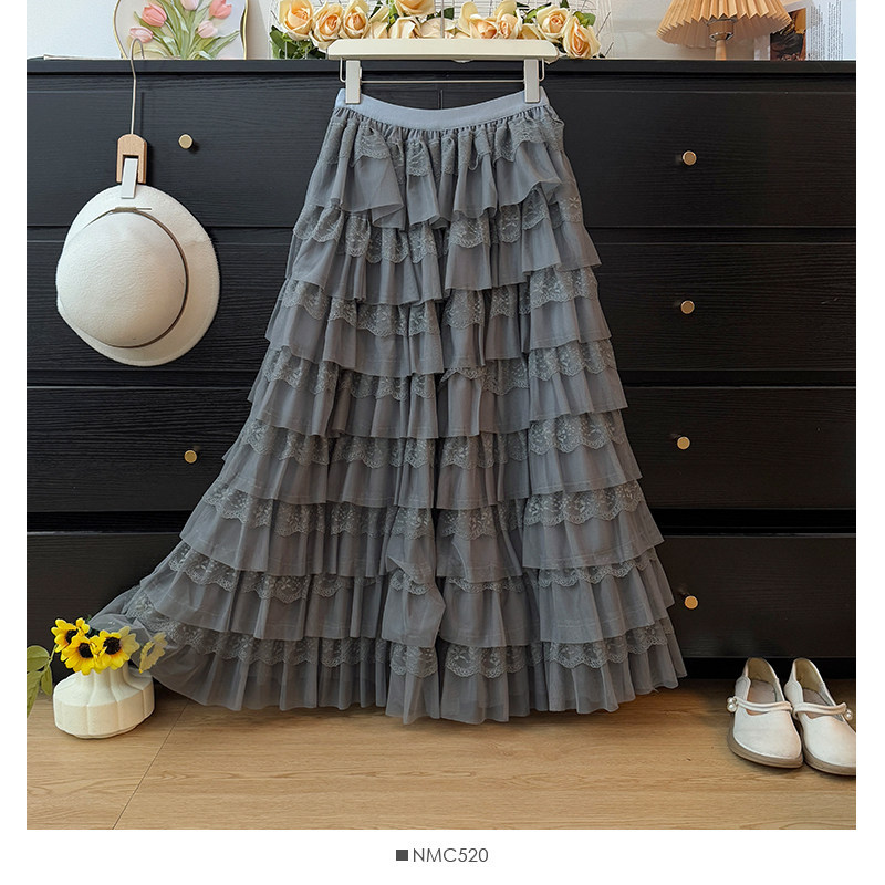 Temperament Fairy Lace Skirt Lace High Waist Medium Long A-line Elastic Waist Looks Skinny Puff Splicing Mesh Cake Skirt Temperament Fairy Lace Skirt Lace High Waist Medium Long A-line Elastic Waist Looks Skinny Puff Splicing Mesh Cake Skirt