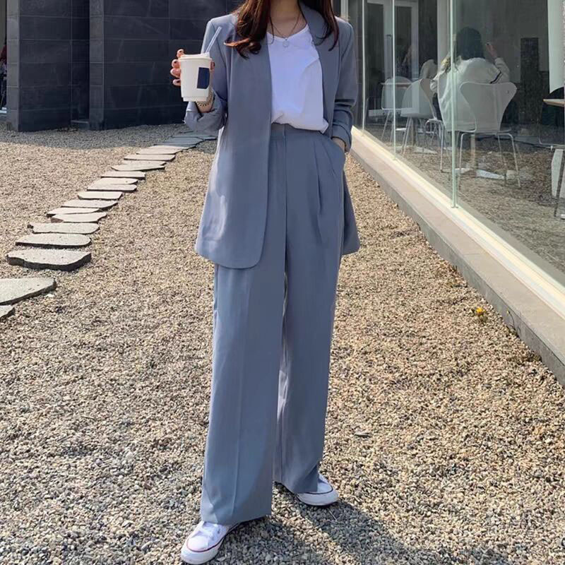 Wide leg pants suit set for women in 2026 Spring and Autumn, Korean version, fashionable temperament, British style, casual street style, professional small suit