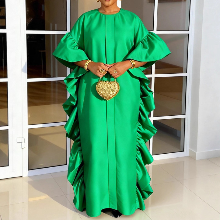 African loose flared sleeve long robe cross-border ruffle edge pleated fashionable party dress Bubu dress