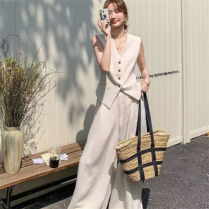 Spring/Summer 2026 New Vest Set for Women, Summer Old Money Style Wear, Island Beach Tank Top, Wide Leg Pants, Two Piece Set for Women