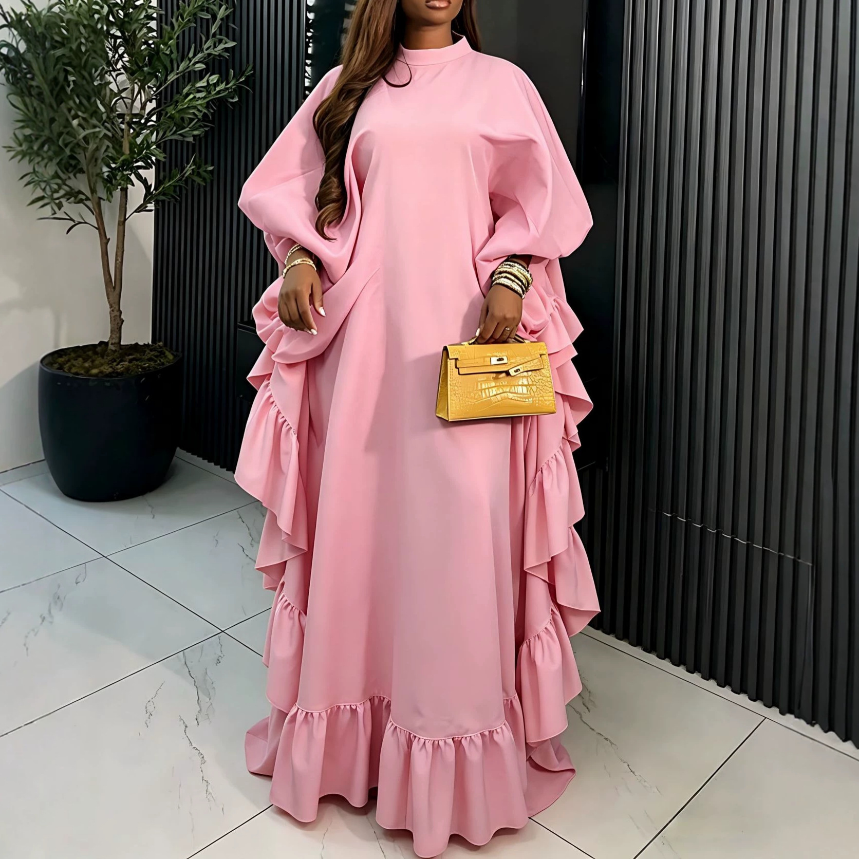 African new loose round neck bat long sleeved dress with drawstring, waist cinching, big swing, fashionable party bubu robe