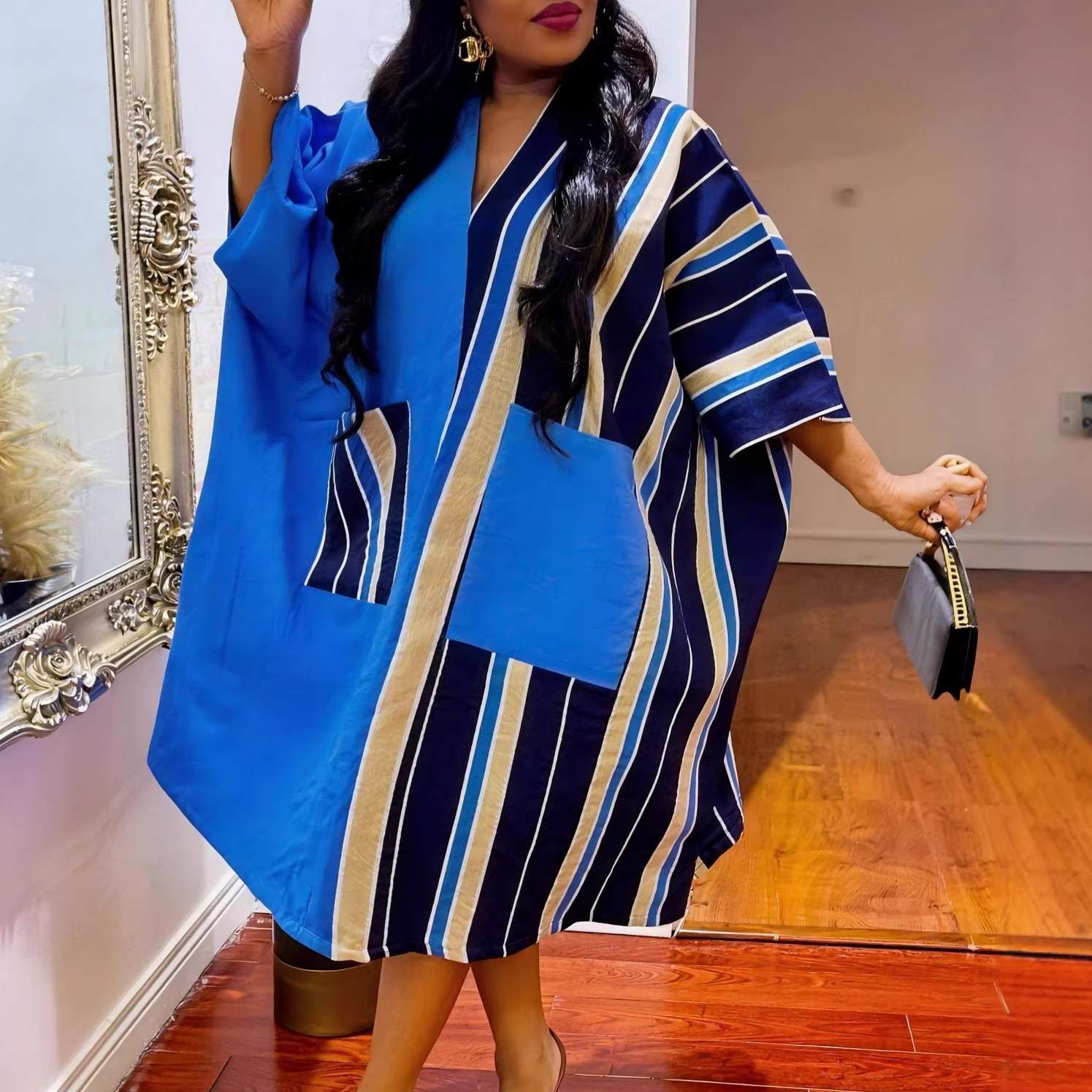 African ethnic style patchwork dress with bat sleeves, V-neck pockets, contrasting satin, BUBU robe, dress