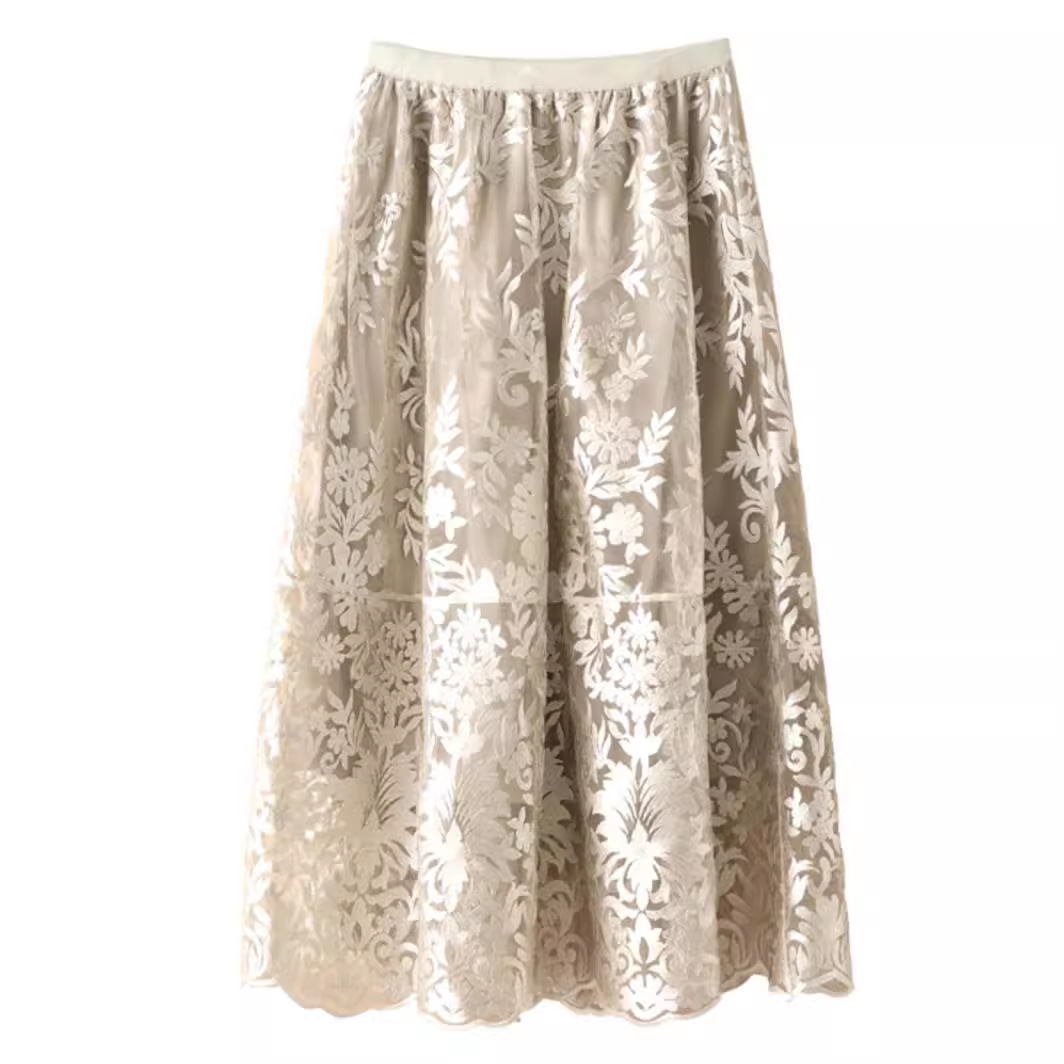 French mesh heavy industry embroidered half skirt for women 2025 new autumn organza plus size A-line half skirt mid length skirt