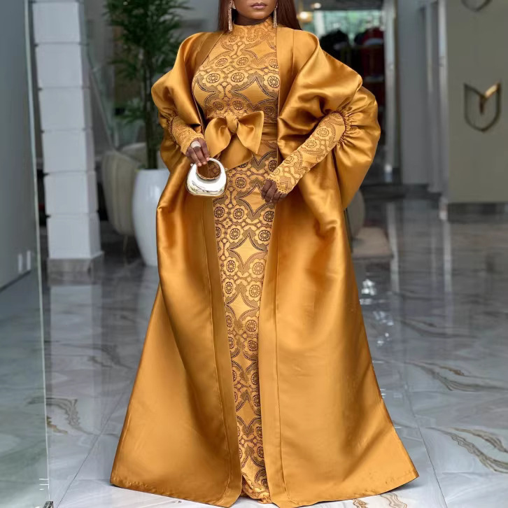 African plus size banquet two-piece set with satin bubble sleeves outer robe, half high collar lace see through long skirt set