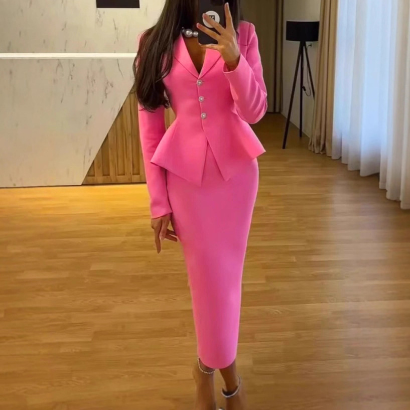 Fashionable and elegant suit set, deep V-neck slim fit top paired with hip hugging skirt, two piece set