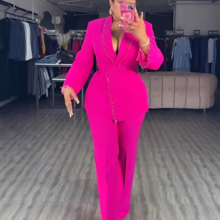 V-neck hanging bead tied waist long sleeved suit jacket straight leg pants set Two piece set cross-border stock