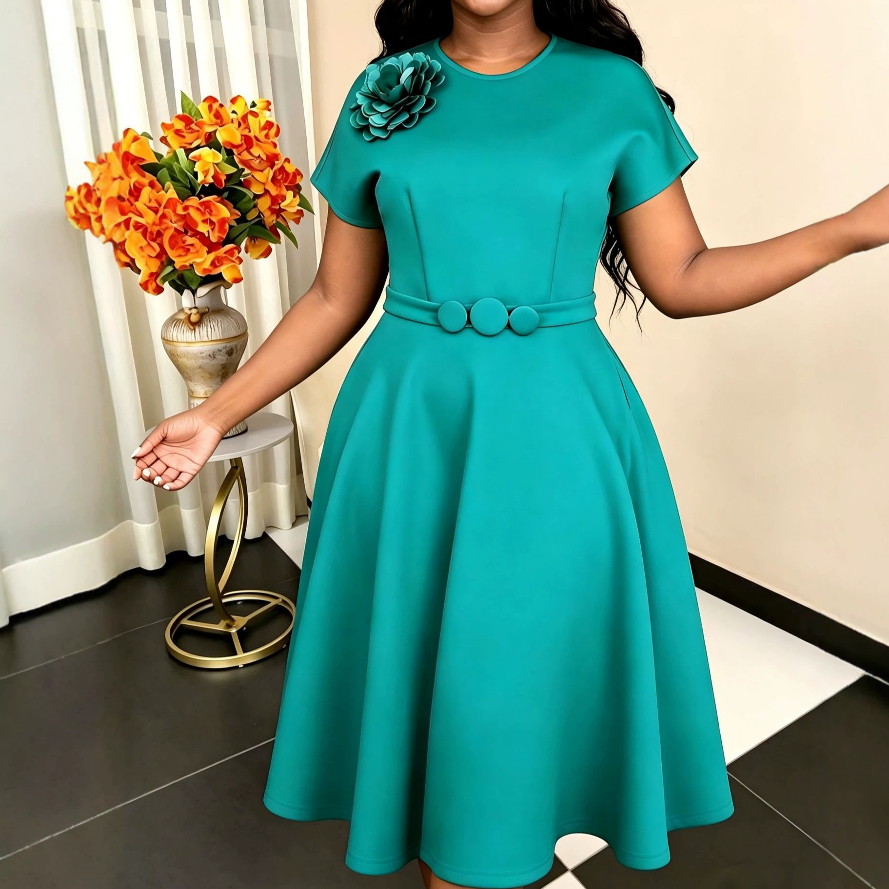 New elegant and fashionable button up dress with high waist and slimming effect, three-dimensional decal solid color dress, dresses