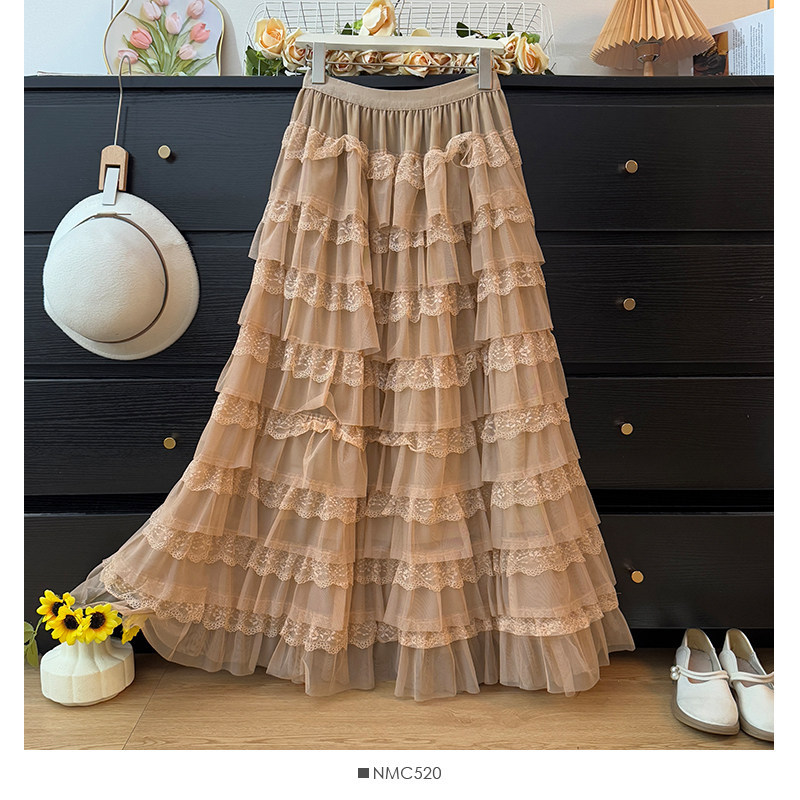 Temperament Fairy Lace Skirt Lace High Waist Medium Long A-line Elastic Waist Looks Skinny Puff Splicing Mesh Cake Skirt Temperament Fairy Lace Skirt Lace High Waist Medium Long A-line Elastic Waist Looks Skinny Puff Splicing Mesh Cake Skirt