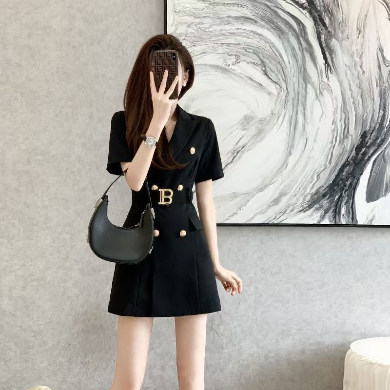 2026 spring/summer short sleeved waist cinching simple OL professional suit dress temperament slimming European station women's suit dress