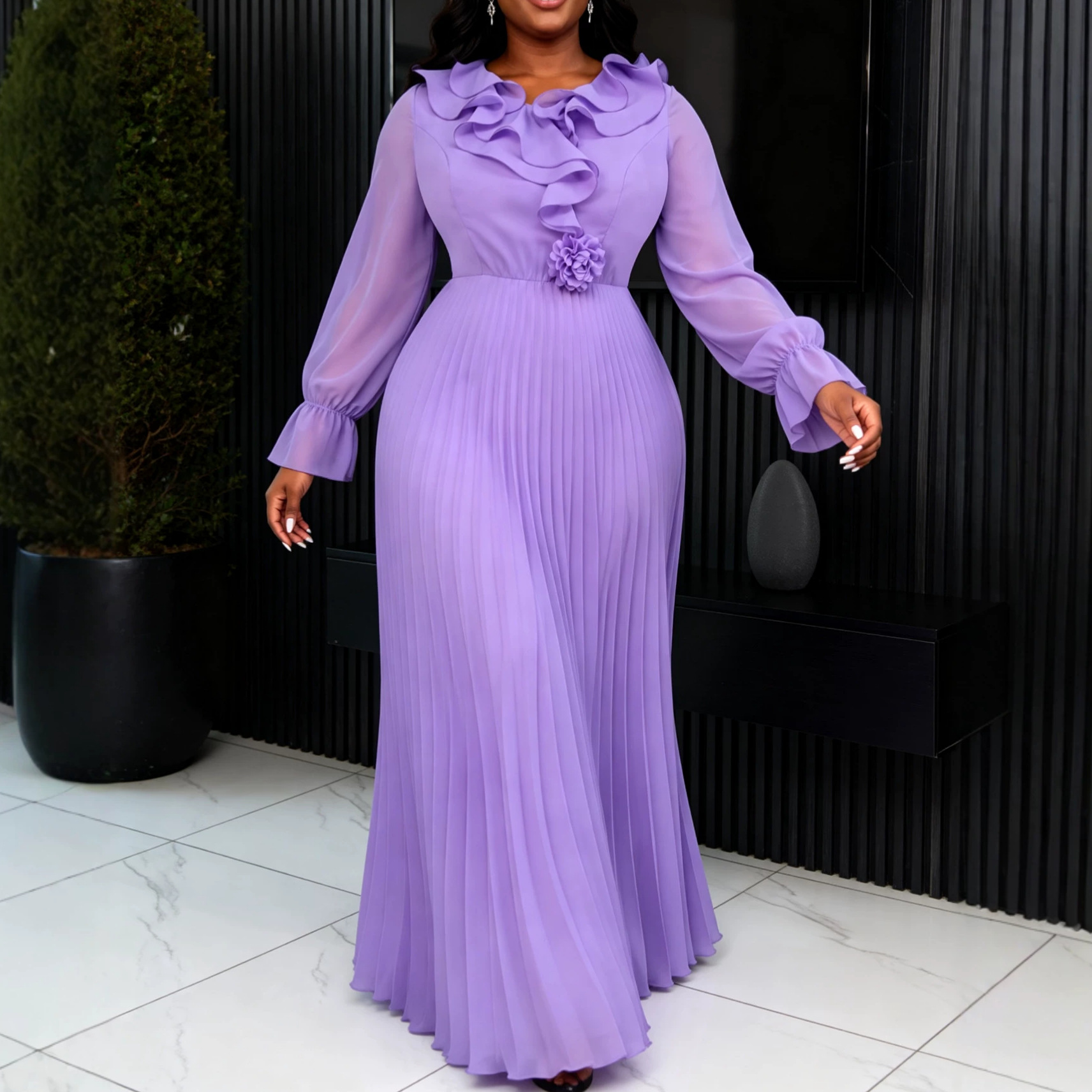 New fashionable ruffled chiffon dress with folded waist and flared sleeves for banquet and evening dresses