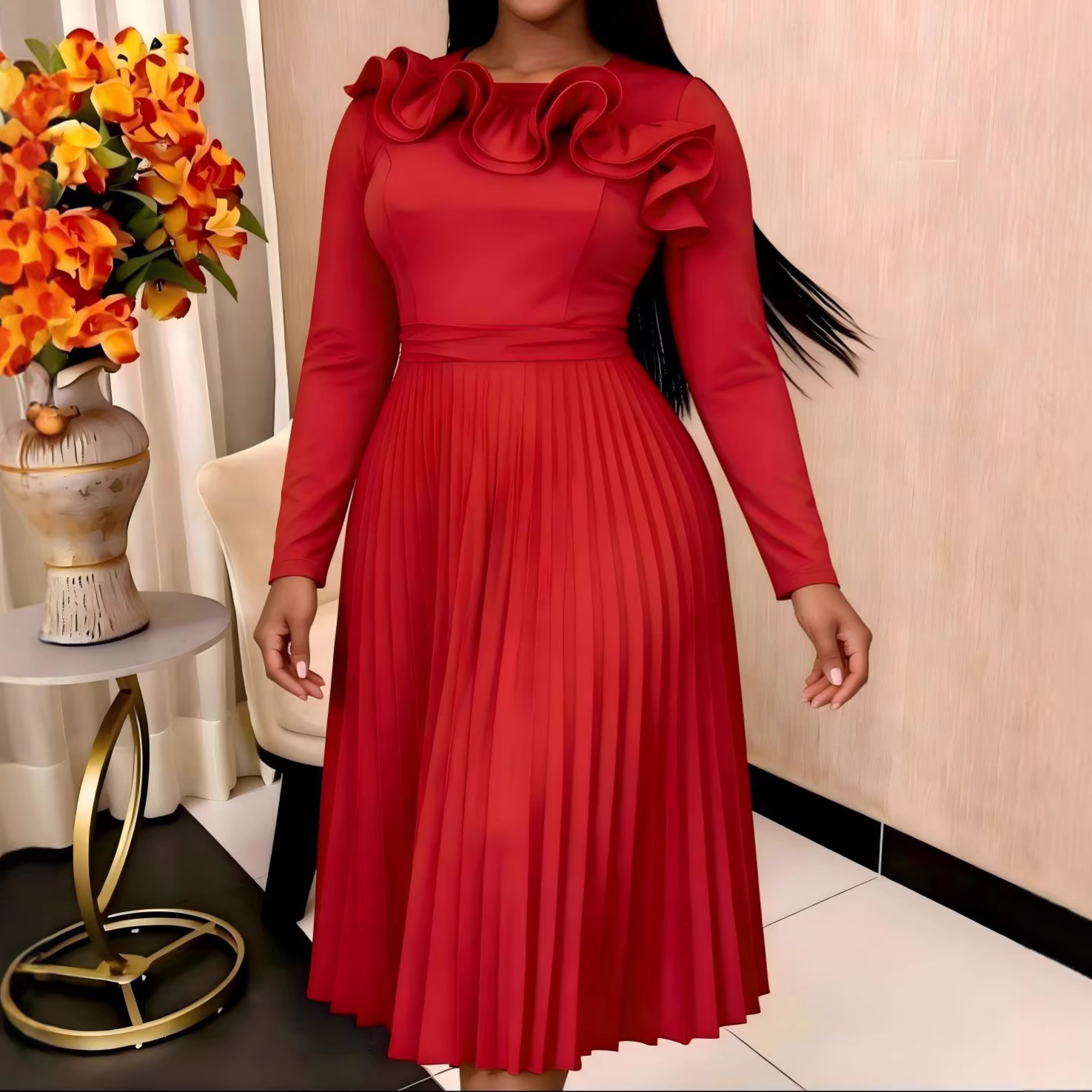 New plus size solid color medium long pleated skirt with ruffle collar, long sleeved round neck, elegant dress Dresses