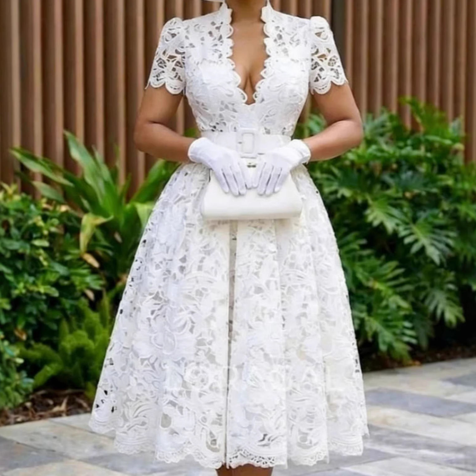African plus sexy deep V-neck lace dress, high waisted slim fit A-line banquet evening dress partyDress