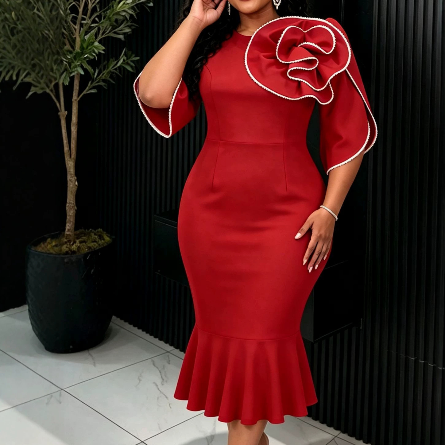 Cross border European and American red three-dimensional flower dress with ruffled edges, waist cinching, slim fit, banquet, hip hugging, fishtail skirt, formal dress