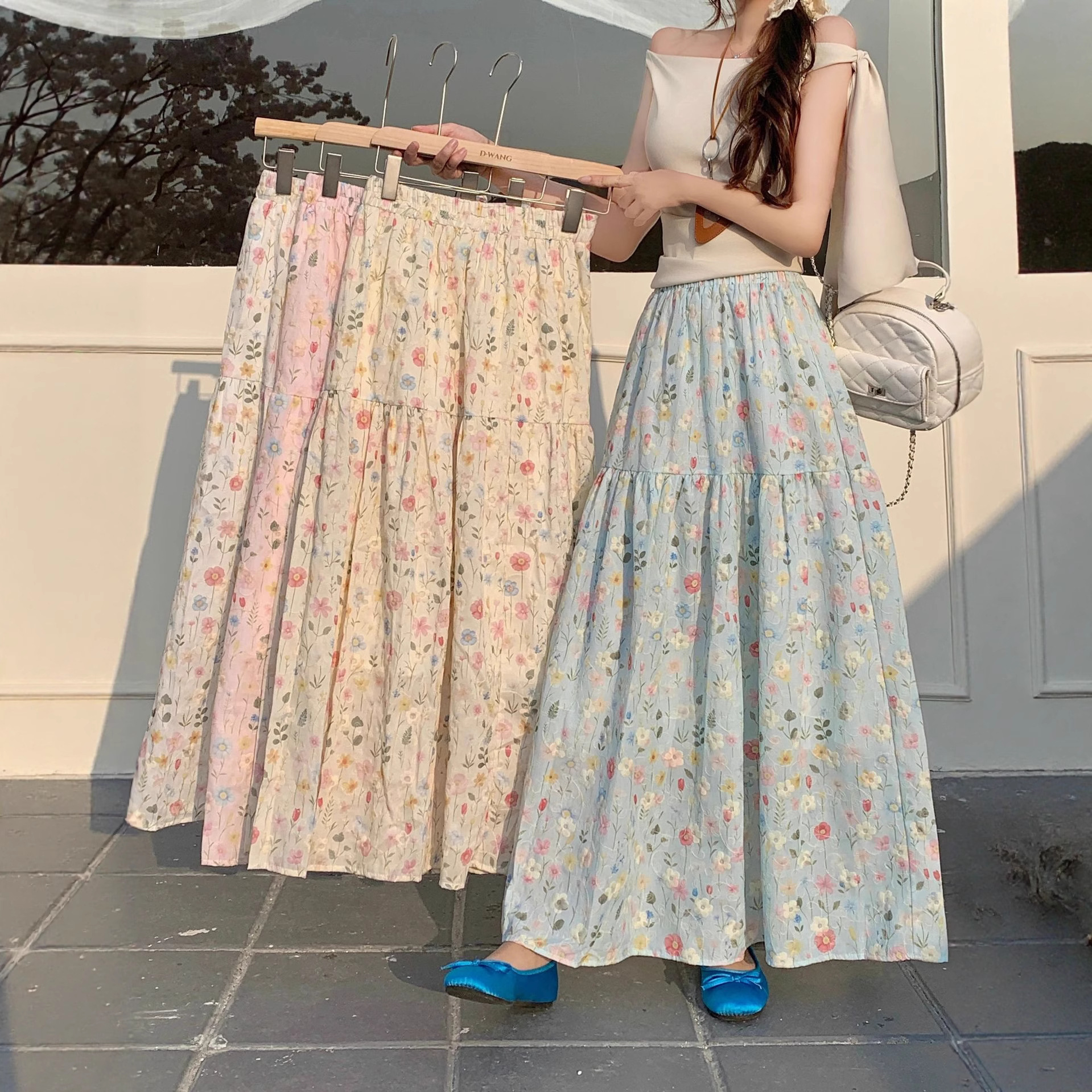 Gentle Korean floral skirt versatile high waisted long skirt new loose slimming A-line skirt big swing skirt