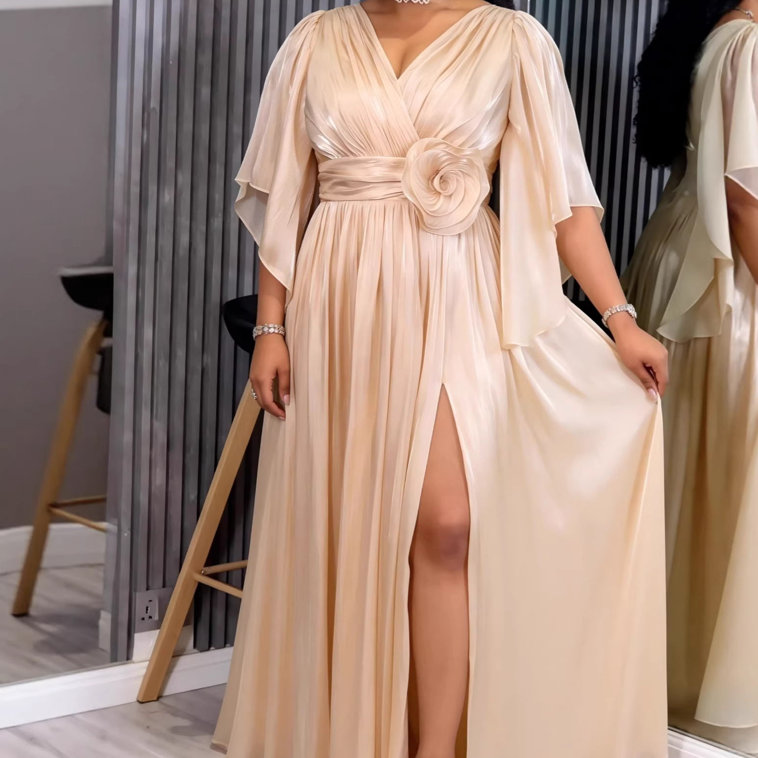 Cross border retro V-neck satin mid sleeve dress with three-dimensional flower waist cinched slit for dinner party dress dress Dress