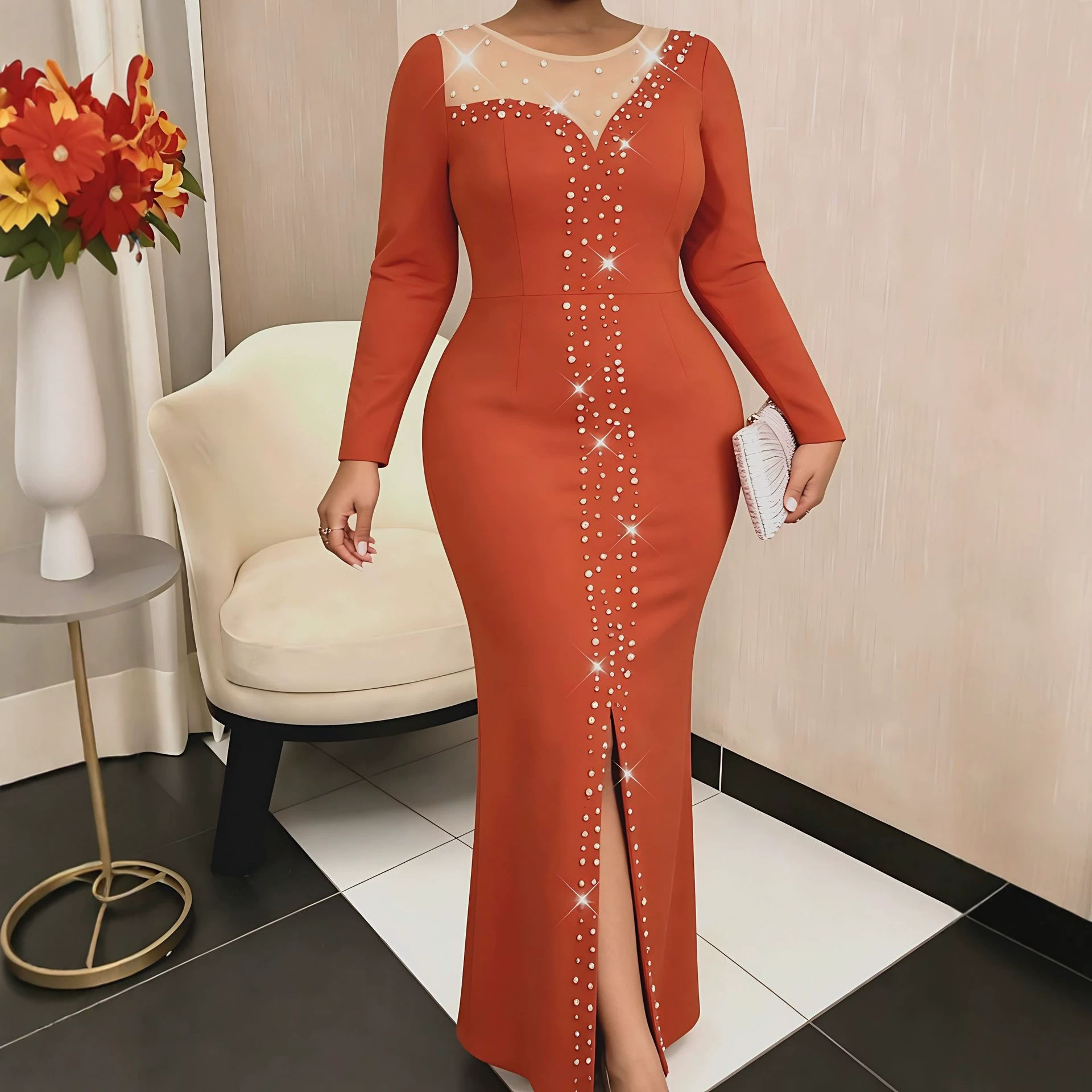 Elegant mesh see through round neck commuting dress with three-dimensional nail beads, waist bag, hip slit dress, dresses