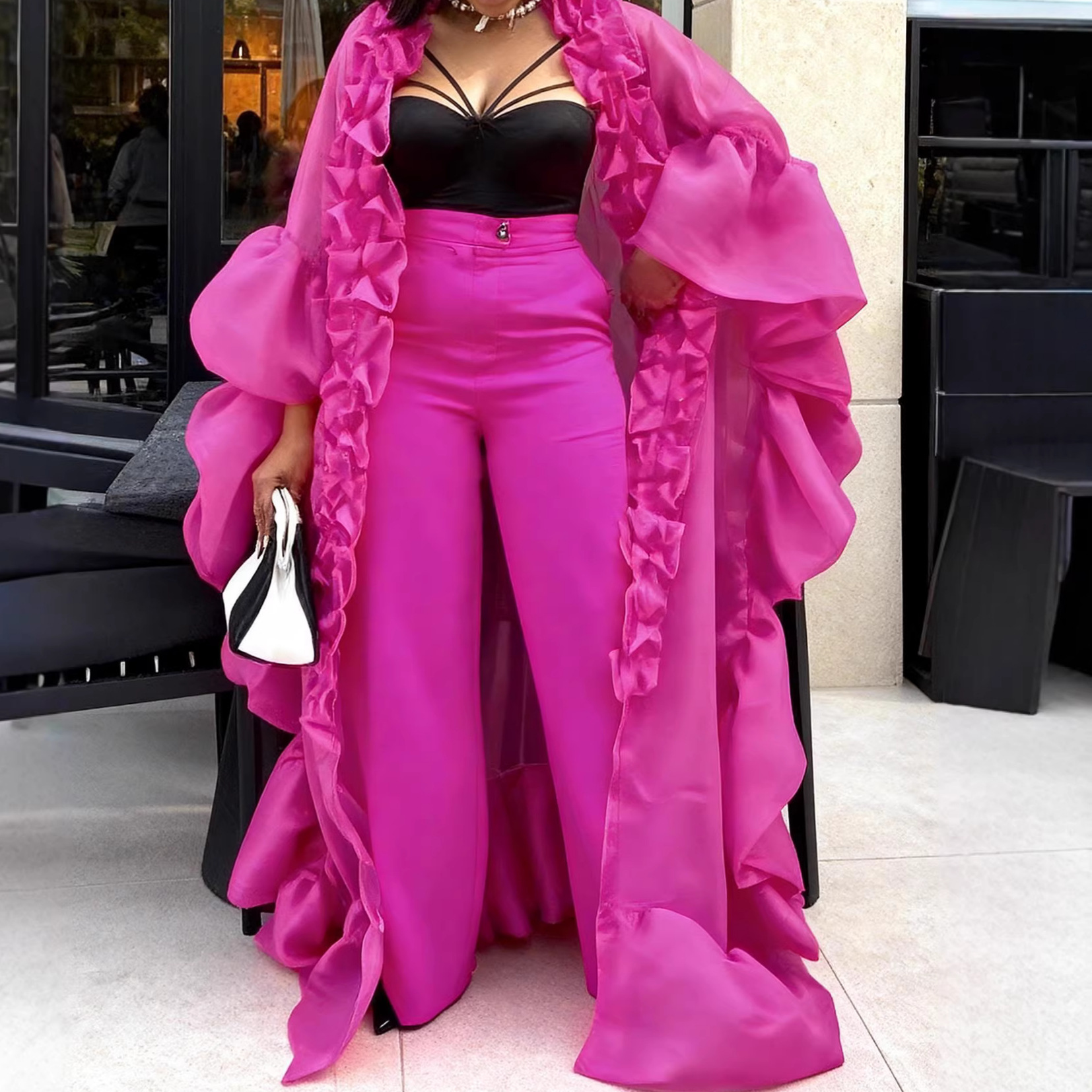 African plus loose pleated lace bubble sleeve outer shirt, wide leg pants set, party wedding gown two-piece set
