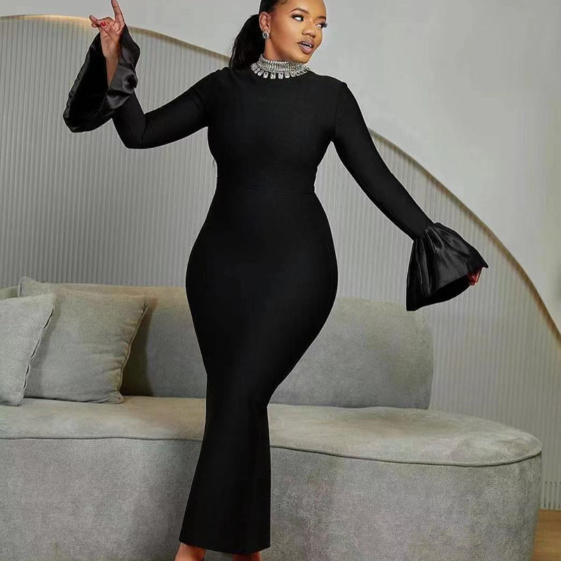 European and American bandage dress cross-border new product round neck nail drill trumpet sleeve temperament waist cinching long sleeved women's slit long skirt