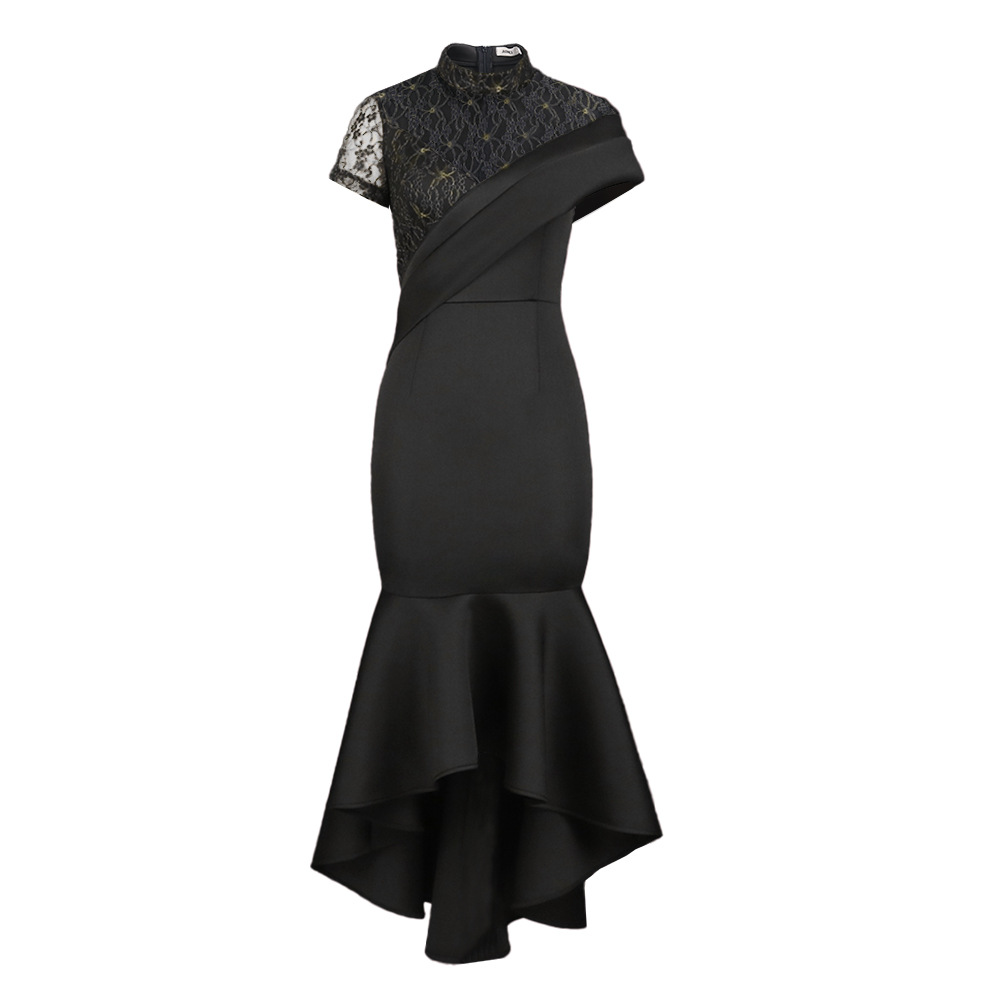 Round neck sexy see through lace short sleeved high waisted ruffled hem party dress for women's wear party dress Round neck sexy see through lace short sleeved high waisted ruffled hem party dress for women's wear party dress