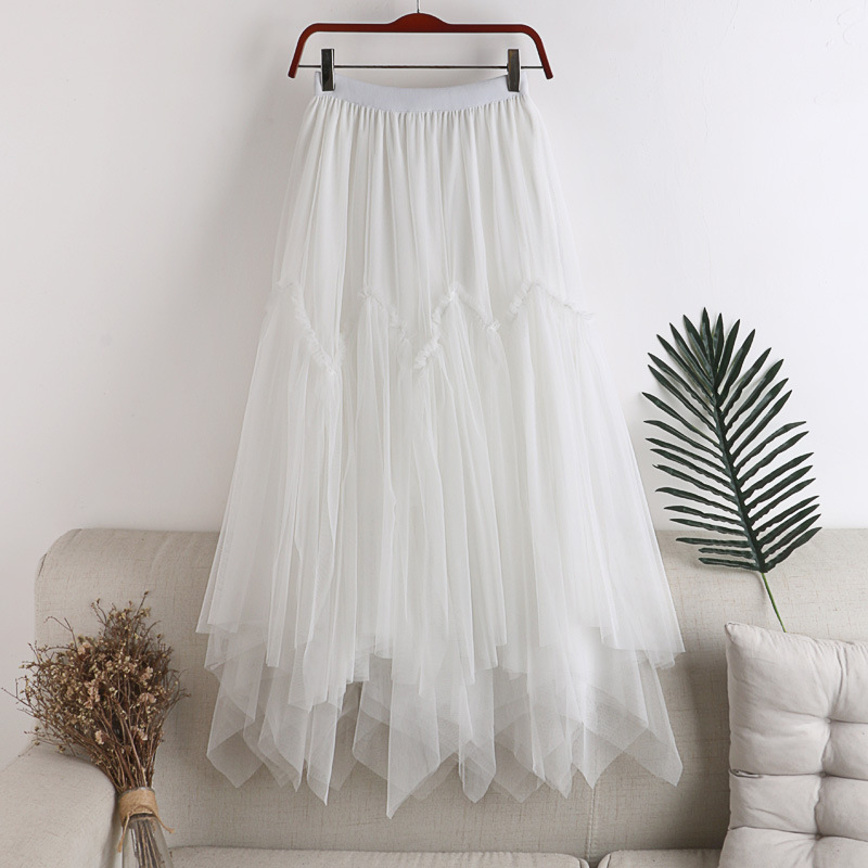 2025 new high waist slimming mid length irregular double-layer mesh splicing half skirt women's fluffy skirt yarn skirt