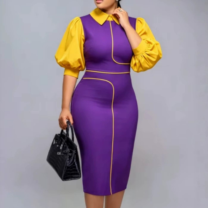African fashion new bubble sleeve dress, contrasting color, hip hugging, waist cinching, spliced commuting pencil skirt, Dresses