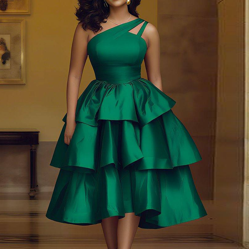 European and American one shoulder hollow satin dress with ruffled edges, waist cinching, layered A-line lace up, party dinner dress