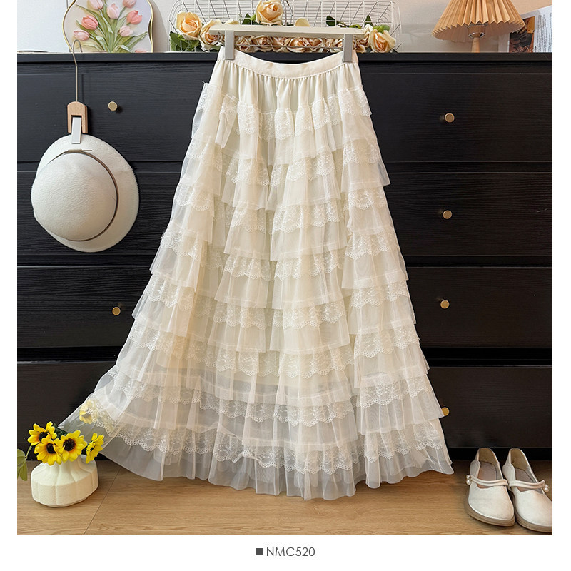 Temperament Fairy Lace Skirt Lace High Waist Medium Long A-line Elastic Waist Looks Skinny Puff Splicing Mesh Cake Skirt