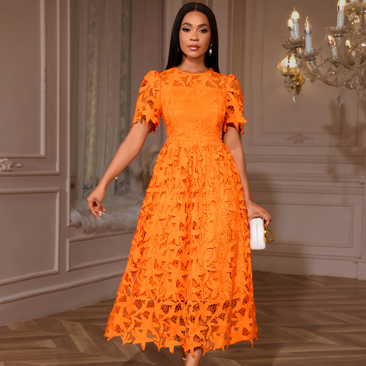 Cross border European and American high-end round neck dress, fashionable and elegant lace perspective A-level banquet evening dress