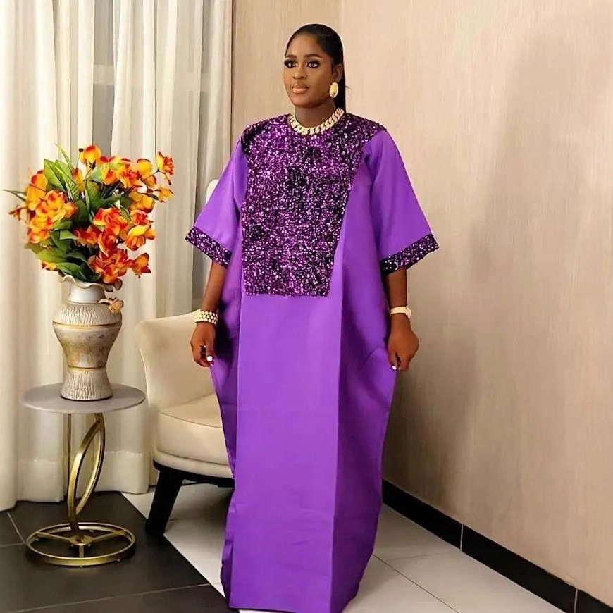Cross border elegant round neck sequined cloth dress African ethnic style loose robe party dress Dresses