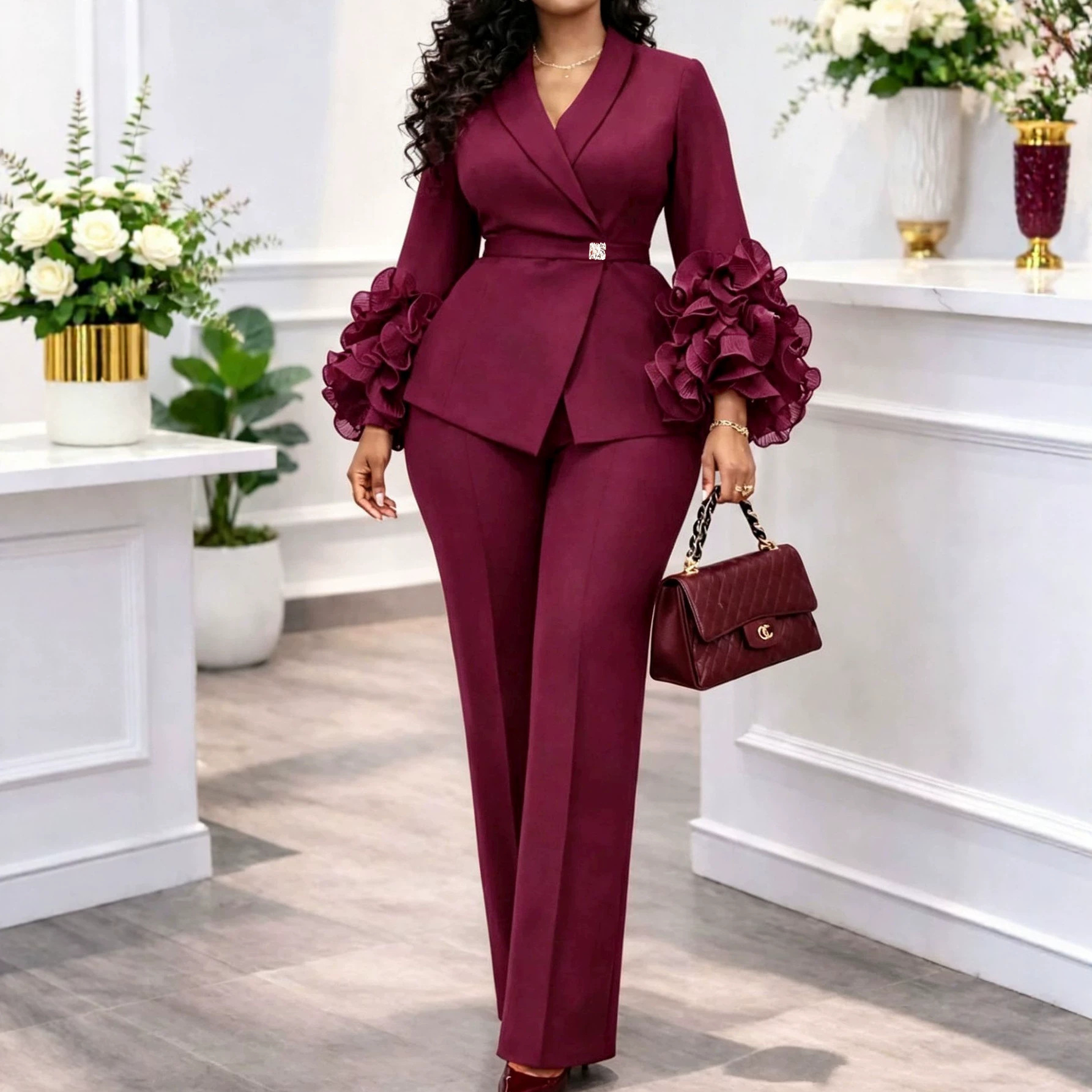 Autumn new wine red waist cinched three-dimensional flower suit jacket, high waist versatile straight leg pants set, Two pieces