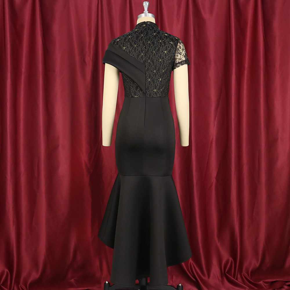 Round neck sexy see through lace short sleeved high waisted ruffled hem party dress for women's wear party dress Round neck sexy see through lace short sleeved high waisted ruffled hem party dress for women's wear party dress