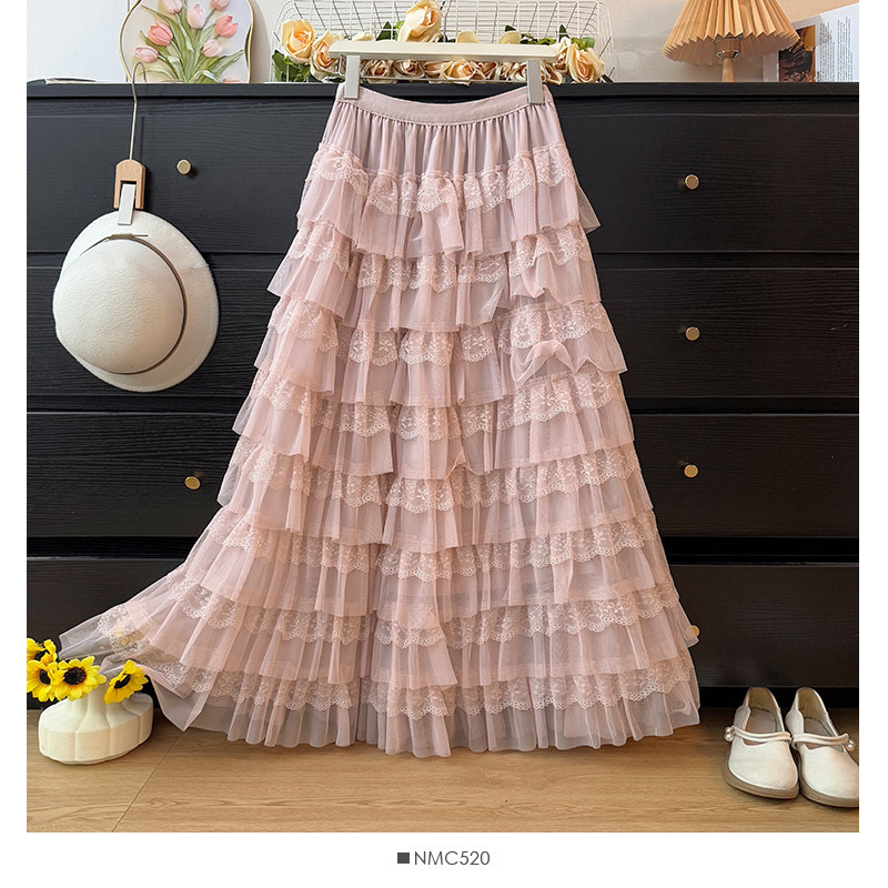 Temperament Fairy Lace Skirt Lace High Waist Medium Long A-line Elastic Waist Looks Skinny Puff Splicing Mesh Cake Skirt Temperament Fairy Lace Skirt Lace High Waist Medium Long A-line Elastic Waist Looks Skinny Puff Splicing Mesh Cake Skirt