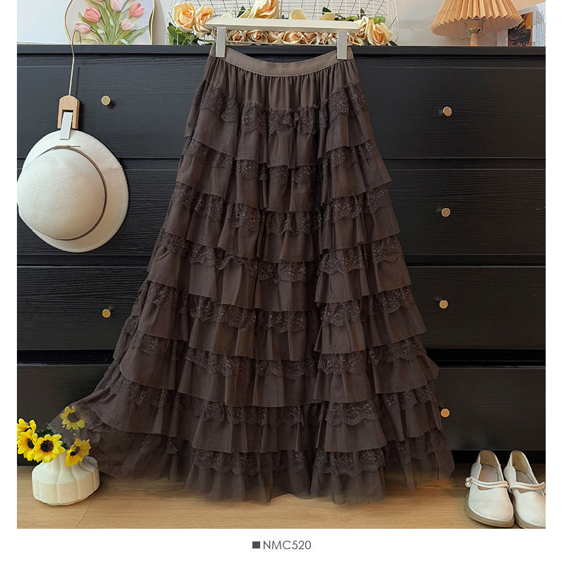 Temperament Fairy Lace Skirt Lace High Waist Medium Long A-line Elastic Waist Looks Skinny Puff Splicing Mesh Cake Skirt Temperament Fairy Lace Skirt Lace High Waist Medium Long A-line Elastic Waist Looks Skinny Puff Splicing Mesh Cake Skirt