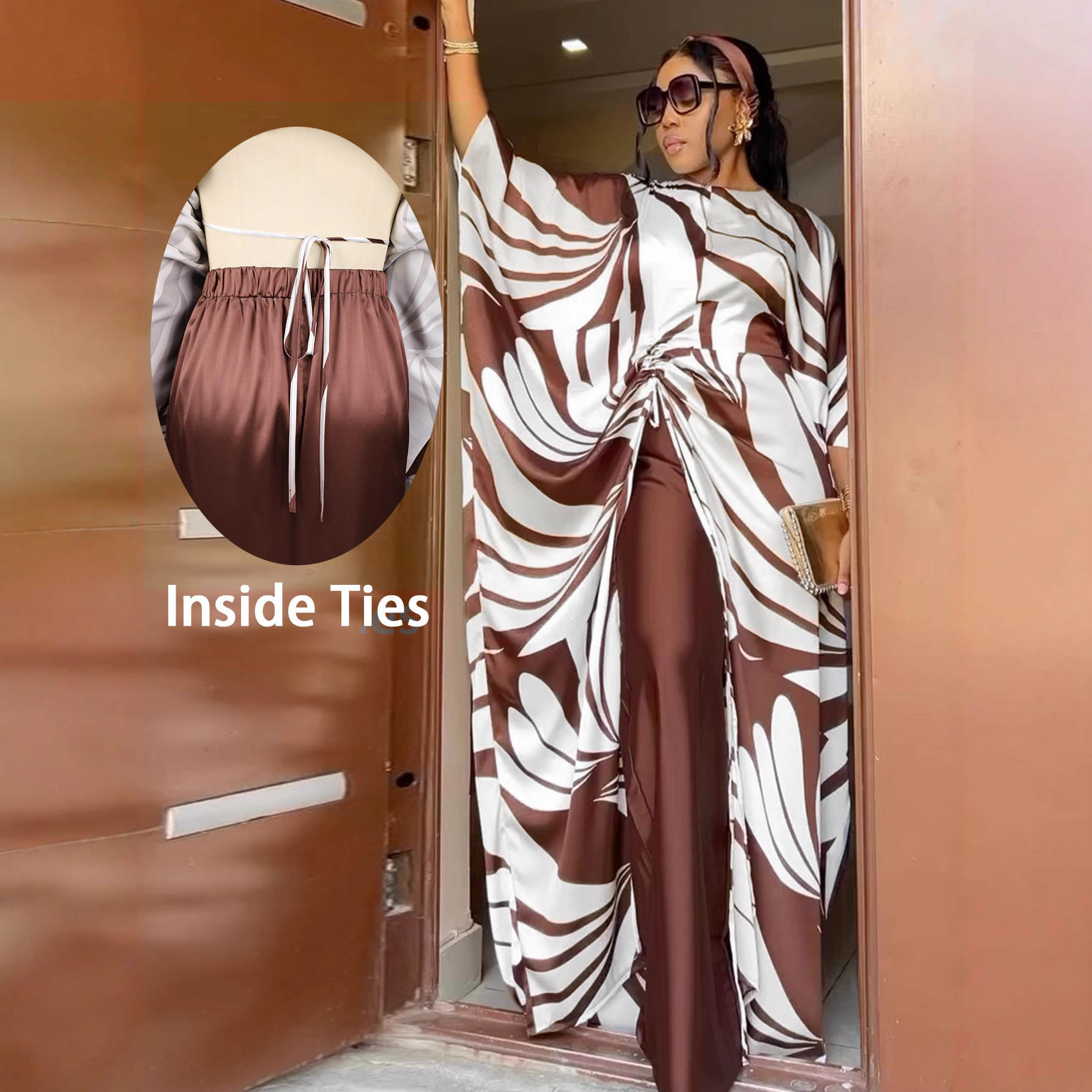 African printed long robe pants set with drawstring straps loose top paired with casual wide leg pants Two piece set