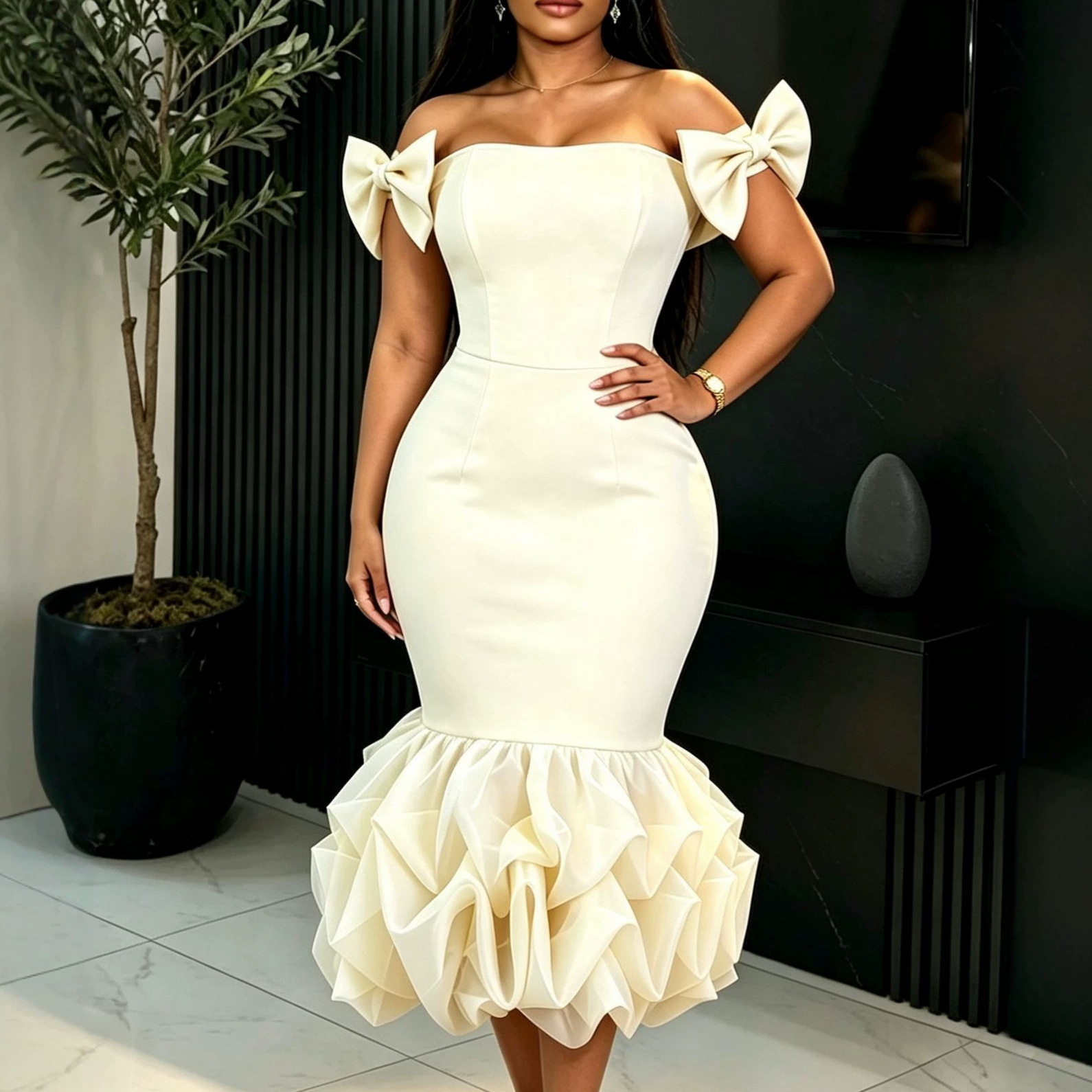 New European and American sexy one shoulder party dress with bow, fish tail, wrapped buttocks, mesh, party dress, dress