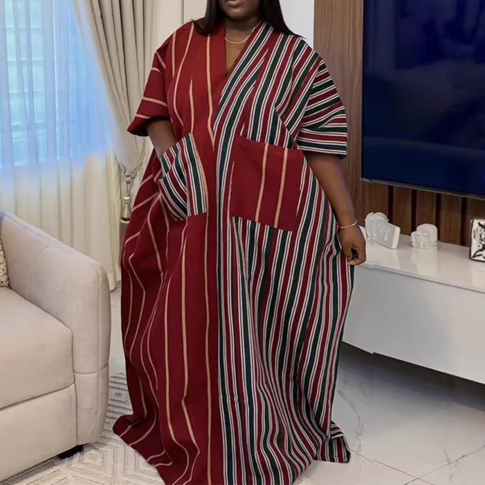African Women's Ethnic Style Splicing Dress with Bat Sleeve Pocket Splicing Satin BUBU Robe Dress