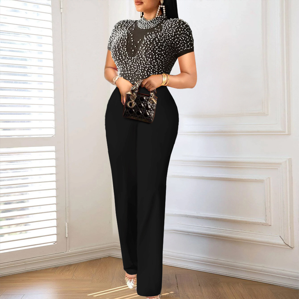 AM221118 round neck short sleeved nail bead jumpsuit casual style high waist slimming party dress Jumpsuit